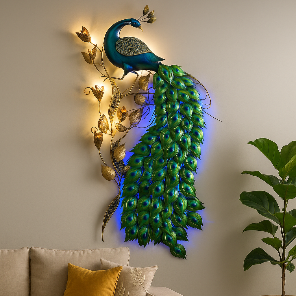 Metal Peacock Wall Decor with LED Lights 38 Inch by 68 Inch Rust free