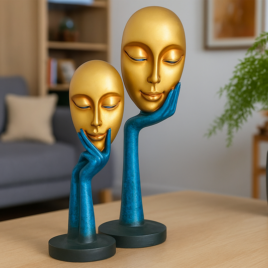 Golden Blue Polyresin Abstract Face Sculpture Set of 2 15 Inch and 12 Inch Height