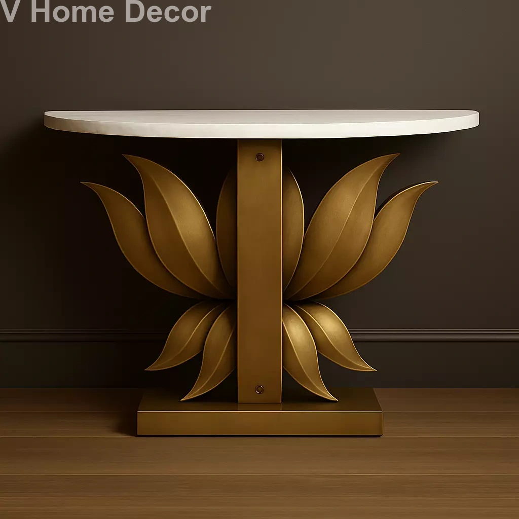 Lotus Bloom All-Metal Console Table with Semi-Round Marble Top