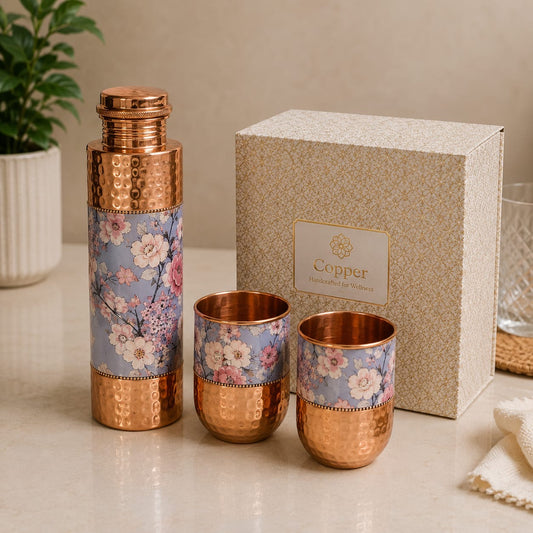 Pink n purple flower copper bottle with glass set