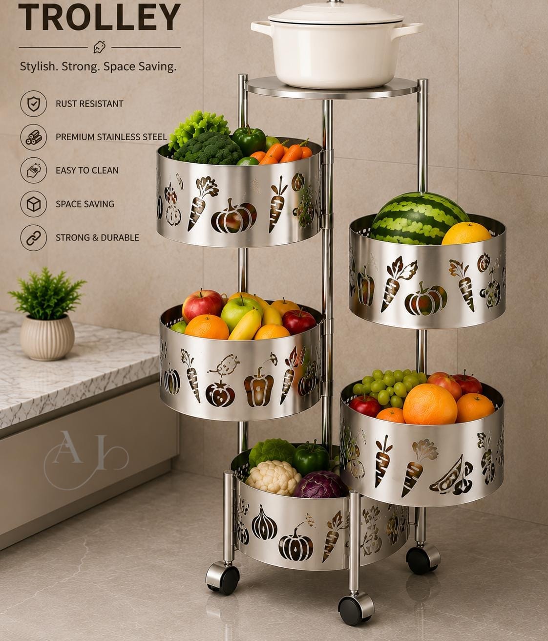 Premium Stainless Steel Laser Cut Fruit & Vegetable Trolley
