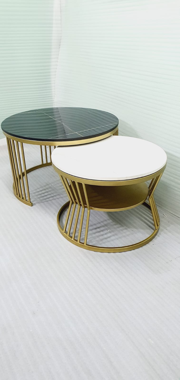 Stainless Steel Center Table with Marble Top and Golden Base 28 Inch and 22 Inch
