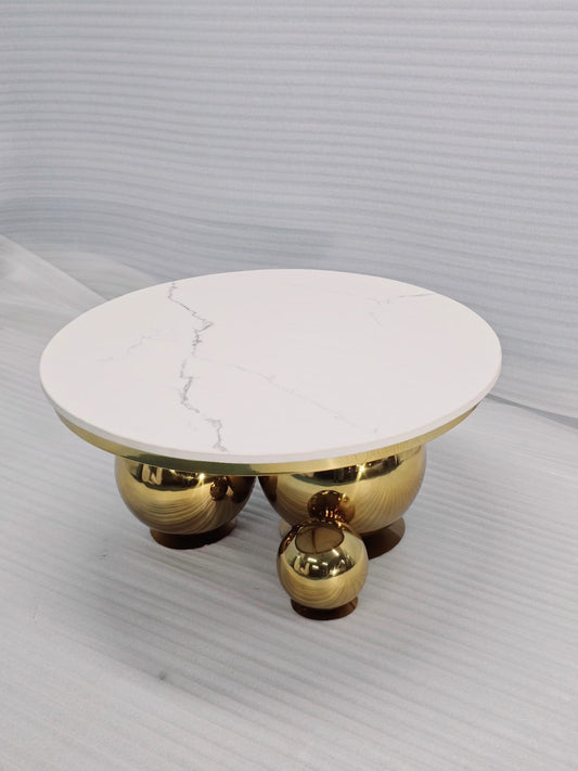 Three Ball Center Table 26 Inch Diameter 16 Inch Height Stainless Steel PVD Finish Nano Marble