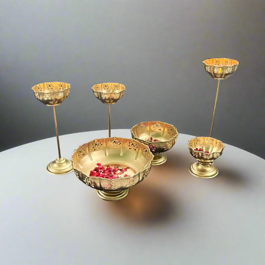 Lotus Cut Urli With Lotus Cut Stand & 3 Floating Diya  7*8*12