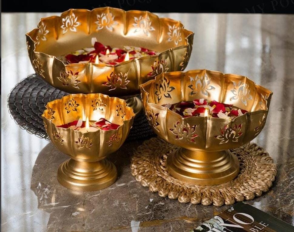 Lotus Cut Urli With Lotus Cut Stand & 3 Floating Diya  7*8*12